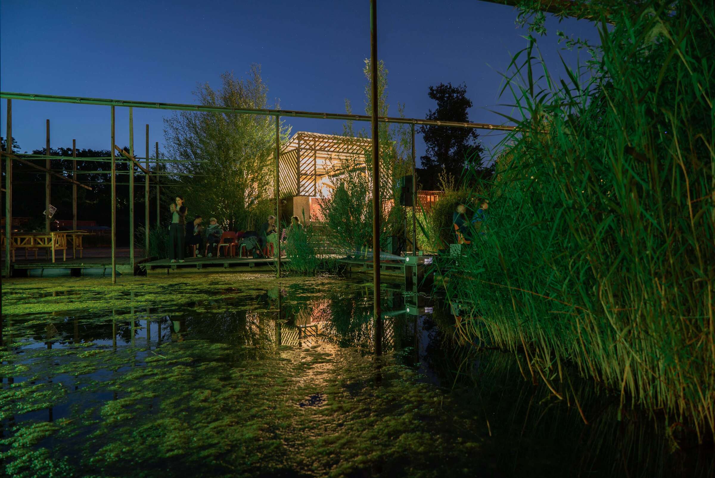 The enchanting setting of Floating University at night, where all the voices of the more-than-human world are invited in.